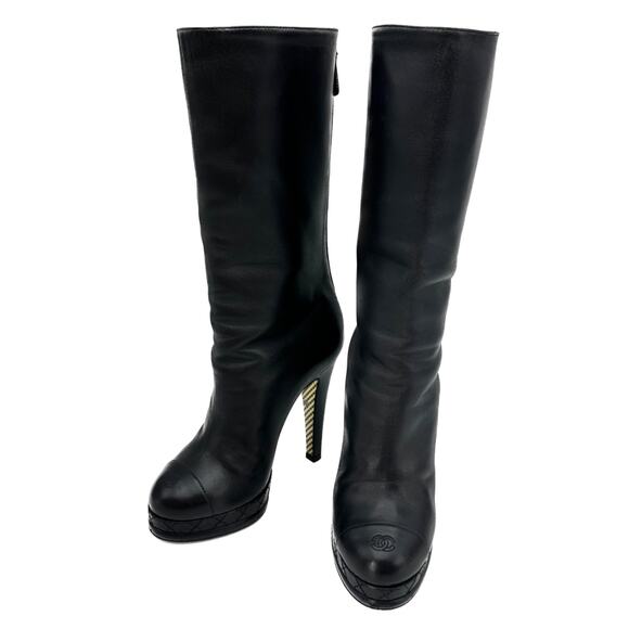 CHANEL Black Leather CC Cap Toe Quilter Platform Heel Boots IT 36 - Picture 2 of 15